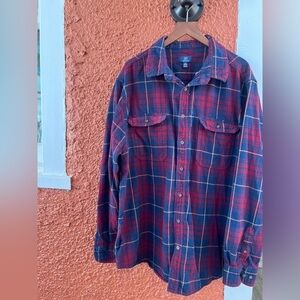 George Button Up Shirt Men's Size XXL Long Sleeve Burgundy Blue Plaid Cotton